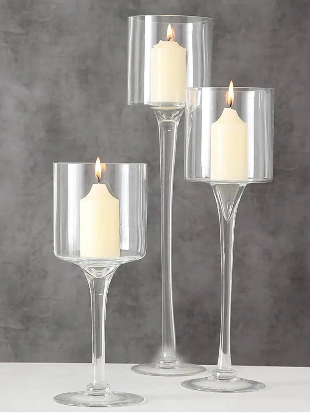 Clear Glass Pillar Candle Holders Set with Cream Candles - Home Accents